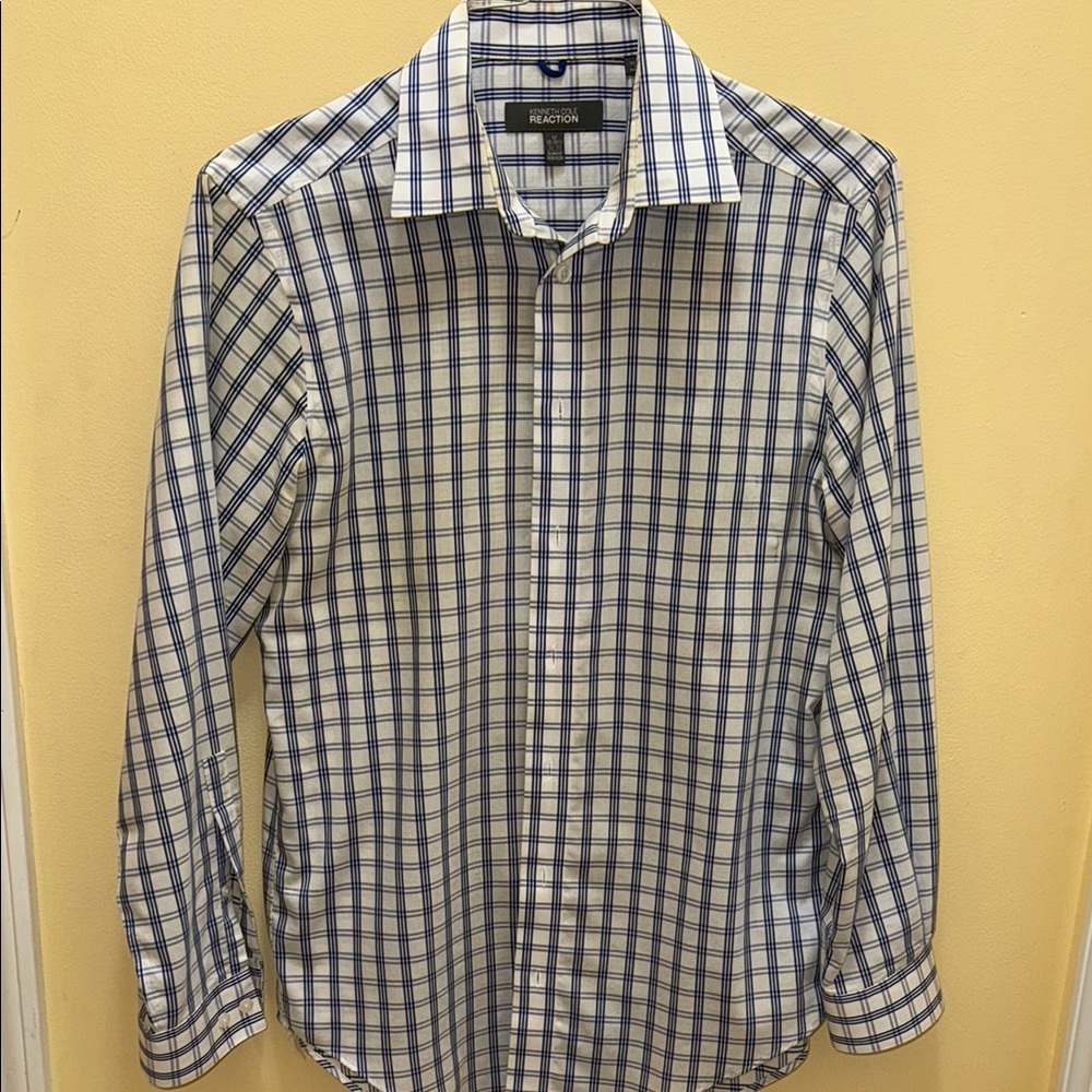 Kenneth Cole Reaction Blue and White Checkered Casual Shirt